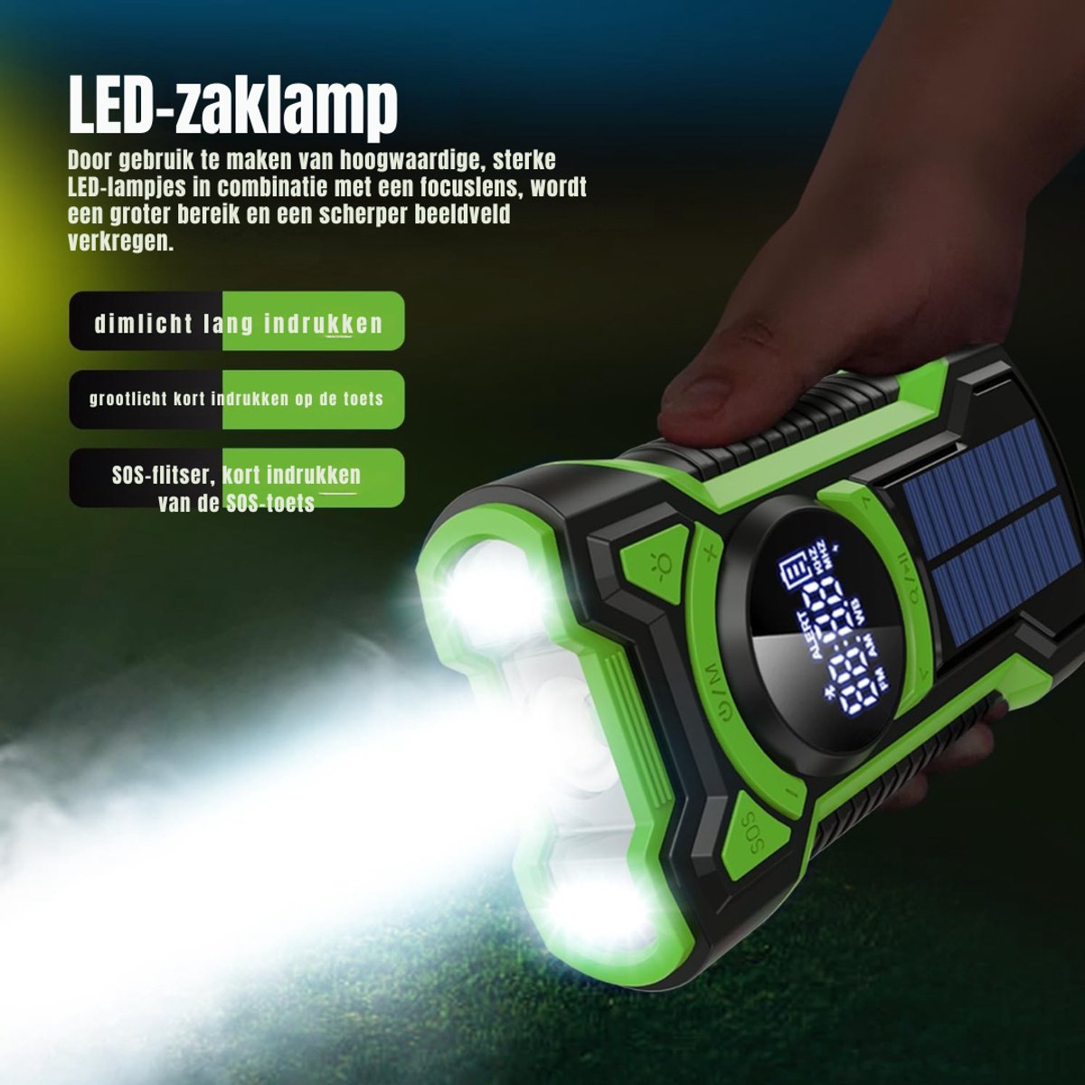 Aura® Noodradio Solar Opwindbaar – Noodpakket 10000mAh – Draagbare Survival Radio – Opwindbare Radio Met LED-leeslamp - Groen - ‎8x - 4x - 15cm; 375.5 g