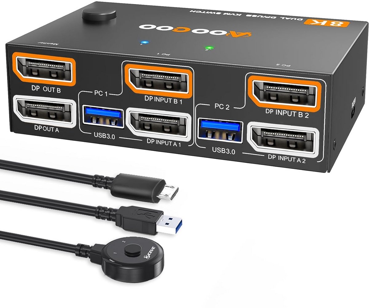 KVM Switch 8K DisplayPort voor 2 Computers en 2 Monitoren met 4 USB 3.0 Poorten