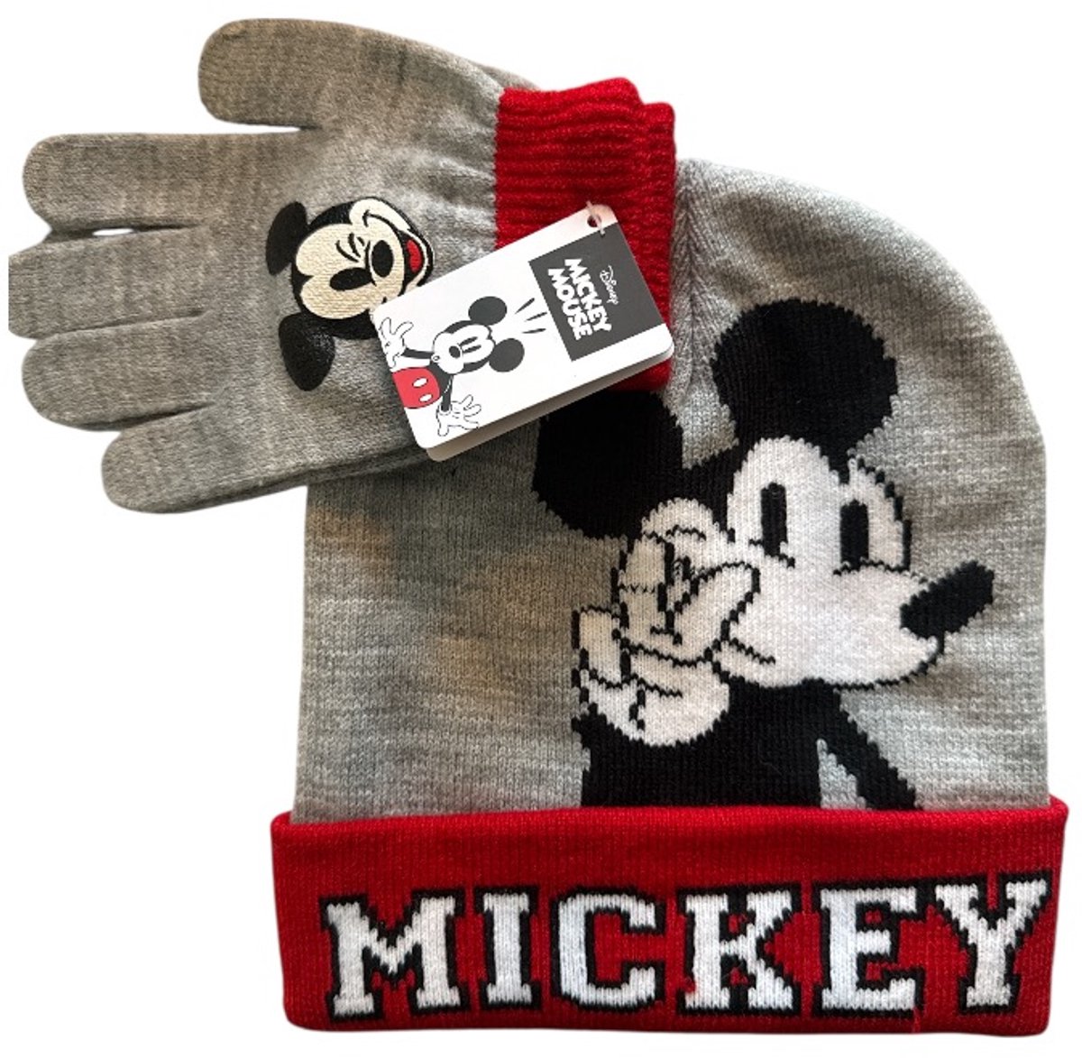 Disney Mickey Mouse Winterset Kind – Muts en Handschoenen – Warme Kinder Winterset – Jongens – Grijs/Rood – Officiële Disney