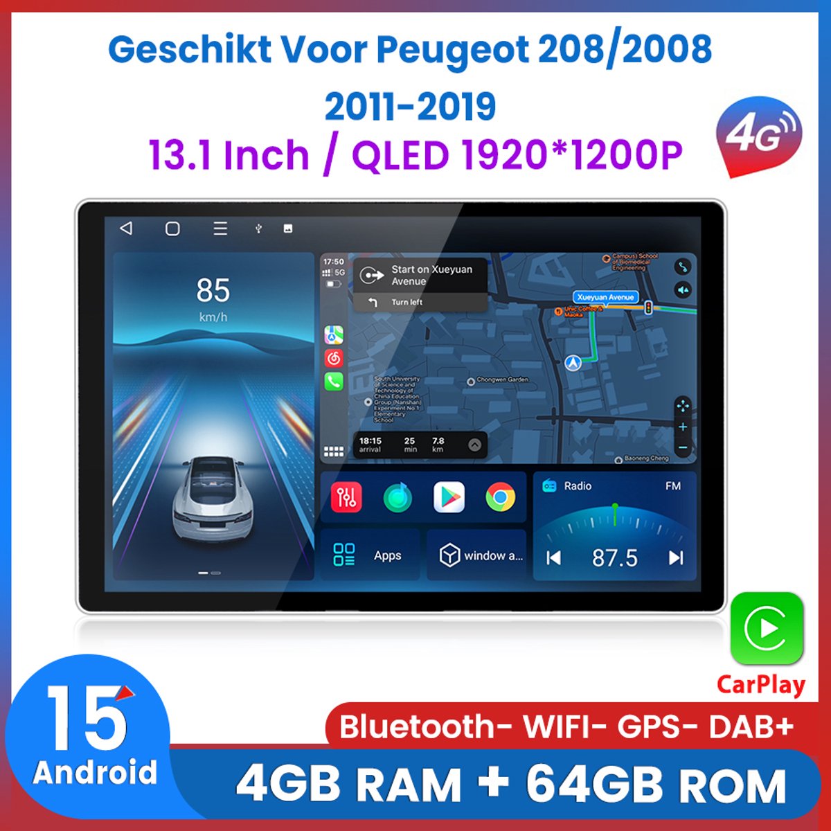 Awesafe Autoradio - 13.1 Inch Touchscreen - Geschikt Voor Peugeot 208/2008 2011 t/m 2019 - Draadloze Carplay Android Auto - QLED 1920*1200P - GPS Navigatie 4G WiFi - Bluetooth Radio - 8 Core V1PRO