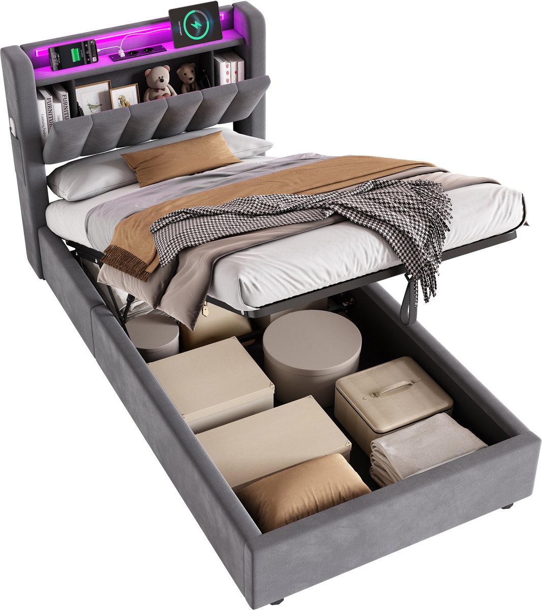 MODFU Gestoffeerd Bed 90x190 cm – 211,5x93,5x99,5 cm – Fluweel met LED & USB – Hydraulische opbergruimte – Grijs