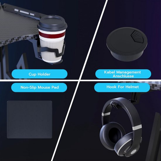 Ergonomisch Gaming Bureau met LED Verlichting Koolstofvezel Zwart Groot Werkstation — afbeelding 3