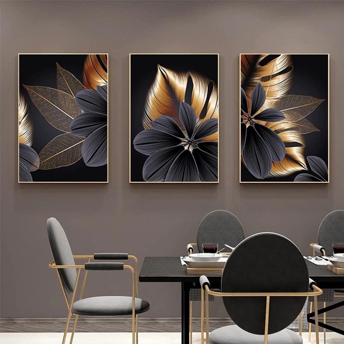 Set van 3 Abstracte Zwart Goud Blad Canvas Schilderijen voor Wanddecoratie