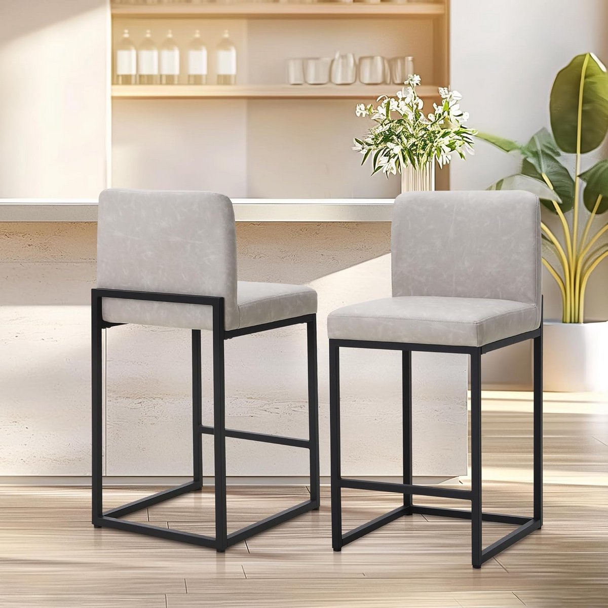 Set van 2 Barkrukken met Rugleuning en Voetensteun voor Keuken of Make-up Tafel