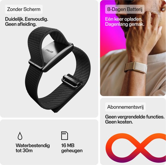 Zwarte Polar activity tracker met stoffen band en een hand die hem draagt.