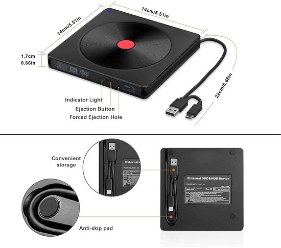 Rolu Draagbare DVD Speler - Draagbare Blu Ray/BD/CD Speler - USB C - USB 3.0 - Windows & Mac - Laptop — afbeelding 2