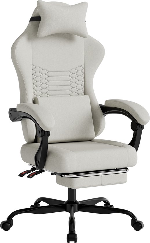 Gaming stoel - Stoffen bureaustoel met massage - met hoofdsteun & voetensteun - ergonomisch race-design - Wit