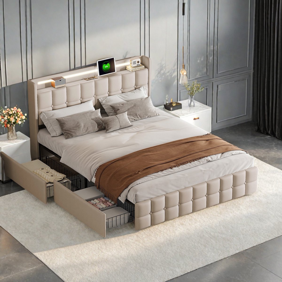 Gestoffeerd bed 140x200cm, hoofdbord met ledverlichting en oplaadpoort, opbergbed met 4 lades, opbergbedframe, lattenbodem, beige beddengoed