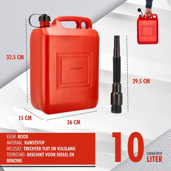 Jerrycan 10 Liter Rood – Set van 3 – UN-gekeurde Brandstof Jerrycans Voor Benzine en Diesel – Inclusief Lange Schenktuit en Vulslang – Lekvrije Kunststof Benzinetank jerrycan