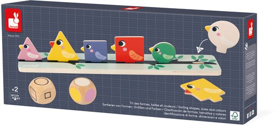Janod Pedagogie - Vogels Sorteren Op Kleur, Grootte En Vorm - Het Spel Bestaat Uit Twee Takken, 72 Houten Vogels Om Te Plaatsen En 2 Dobbelstenen (Een Met Kleuren En De Andere Met Vormen En Verschillende Groottes) - Geschikt Vanaf 2 Jaar van Janod — afbeelding 4