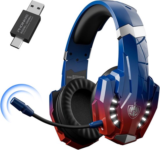 Blauw met rode gradiënt gaming headset met afneembare microfoon en USB-dongle. Wit gloeiende accenten.
