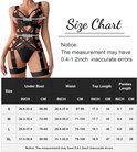 Maattabel voor zwarte body lingerie, met afmetingen in inches en centimeters voor buste, taille, top- en broeklengte.