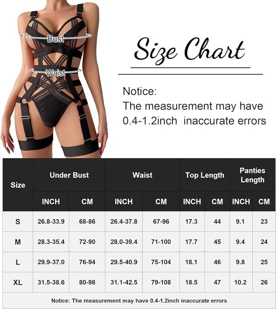Maattabel voor zwarte body lingerie, met afmetingen in inches en centimeters voor buste, taille, top- en broeklengte.