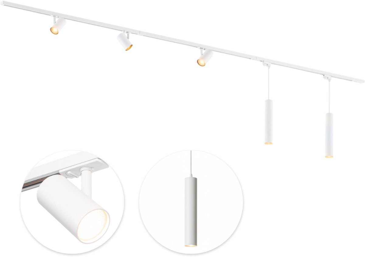 Qub Viror Railverlichting - Wit - 300 cm - I-Vorm - 3 Mesh spots & 2 Hanglampen - Dimbaar - Complete Set