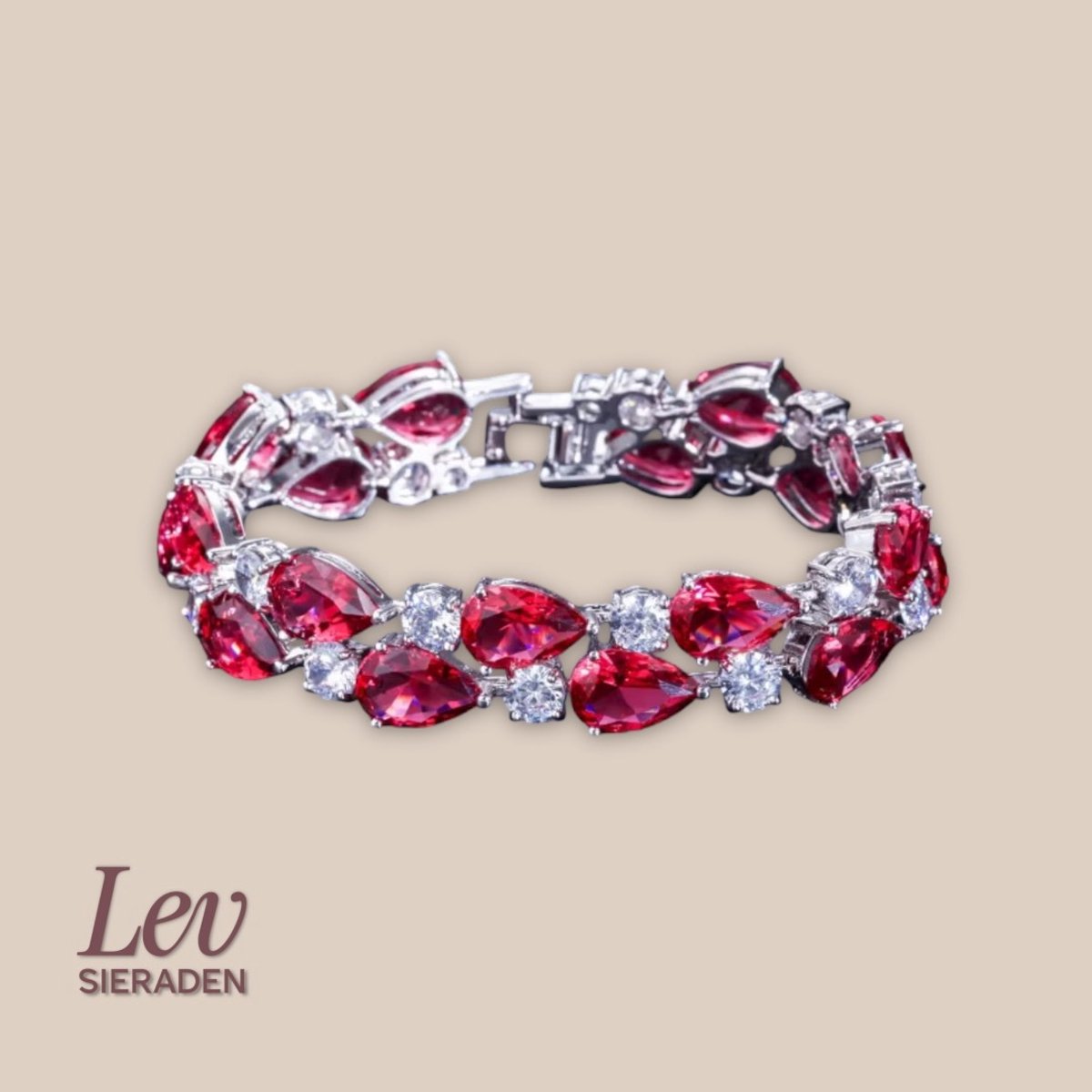 Lev Sieraden - Zilver plated Tennisarmband met Zirkonia rood en wit - Messing - 18.2cm - Pear cut