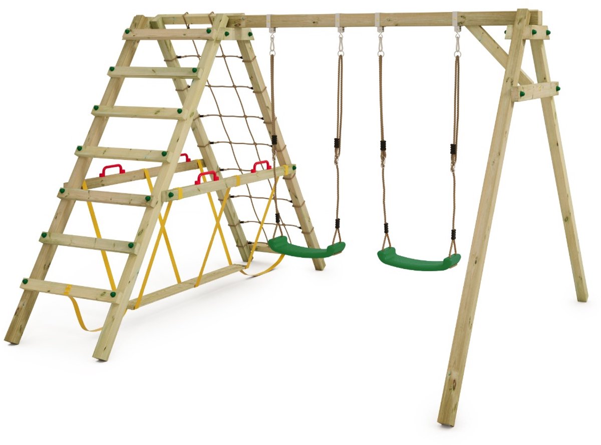 Wickey Smart Hike Speeltoestel - Dubbele schommel met Klimaanbouw en Evenwichtsbalk - Flexibele schommelverbinder - 315x260x215 cm - Groen