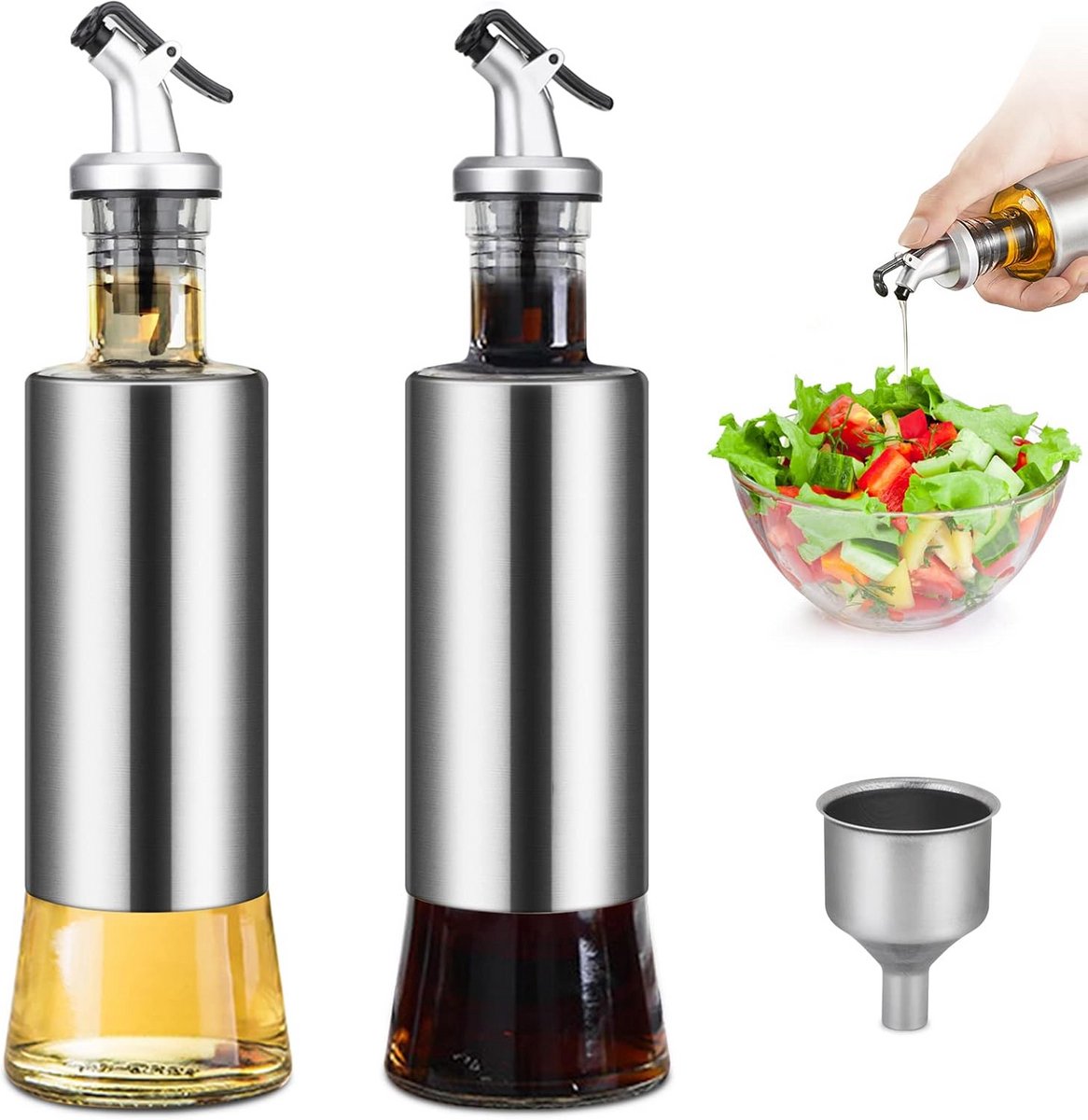 Set van 2 Roestvrijstalen Olieflessen met Schenktuit en Trechter - 300ml