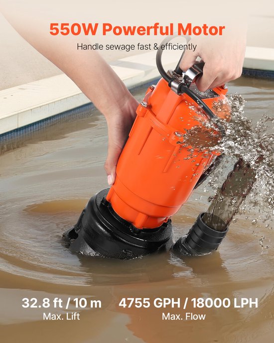 VEVOR 550w Dompelpomp, 18.000 L/U, Gietijzeren Vuilwaterpomp met 5,08 cm Uitlaat, Max. Opvoerhoogte 10 M, voor Het Verpompen van Vuil Water, voor Zwembaden, Tuinen, Vijvers, Kelders En Overstroomde Gebieden van Vevor — afbeelding 5