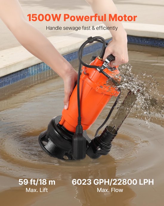 VEVOR 1500w Dompelpomp, 22800 L/U, Gietijzeren Vuilwaterpomp met Automatische Vlotterschakelaar, 18 M Opvoerhoogte, voor Het Wegpompen van Vuil Water, voor Zwembaden, Vijvers En Overstroomde Gebieden van Merkloos — afbeelding 4