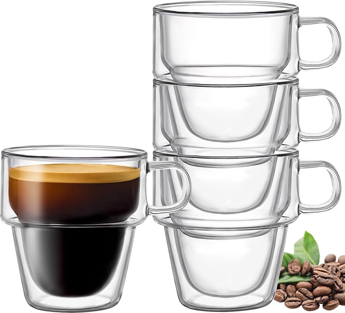 Set van 4 Dubbelwandige Glazen Koffiekopjes met Hendel 250ml Stapelbaar