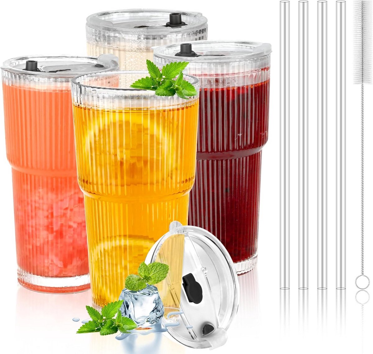 Set van 4 Glazen Drinkbekers 600ml met Deksel en Rietje