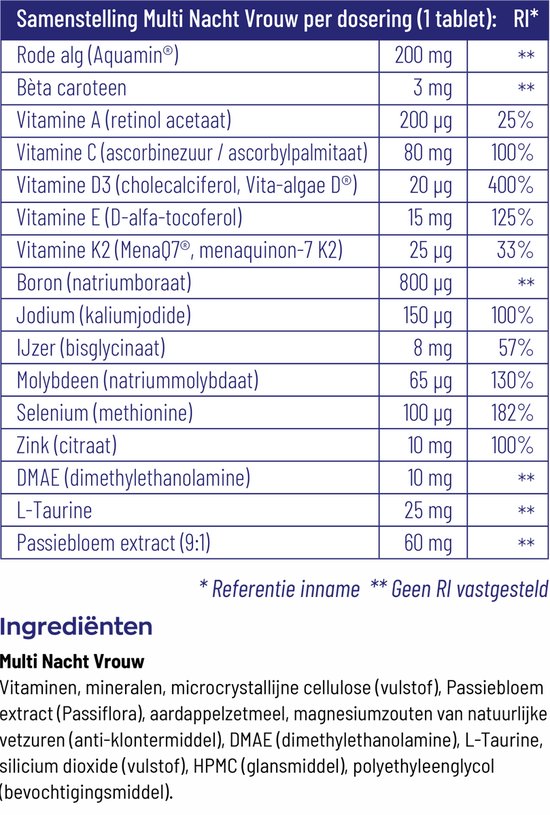 Ingrediëntenlijst voor Multi Nacht Vrouw: Rode alg, bèta caroteen, diverse vitaminen en mineralen, L-Taurine, passiebloem extract.
