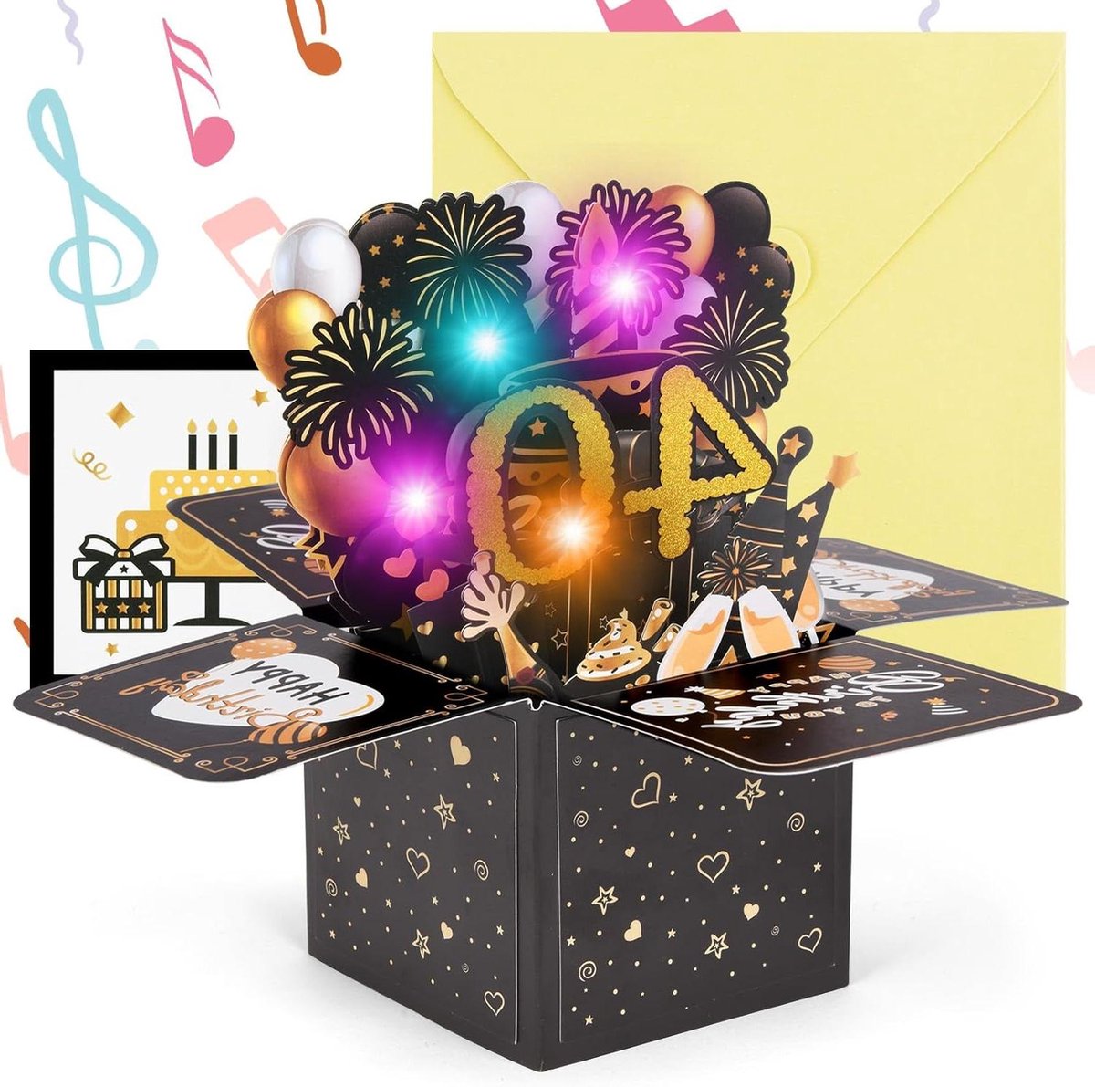 Verjaardagskaart met muziek en licht - Pop-upkaart voor 40e verjaardag - Vrouwen - Kinderen - Vriendin - Mannen - Zwart Goud