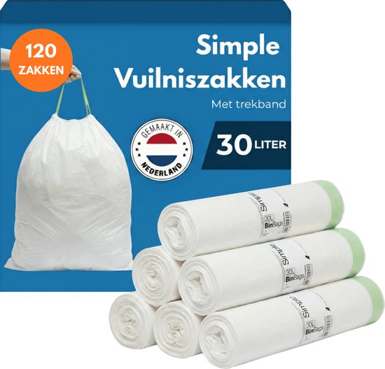 120 sacs poubelles blancs Simple de 30 litres avec cordon, fabriqués aux Pays-Bas.