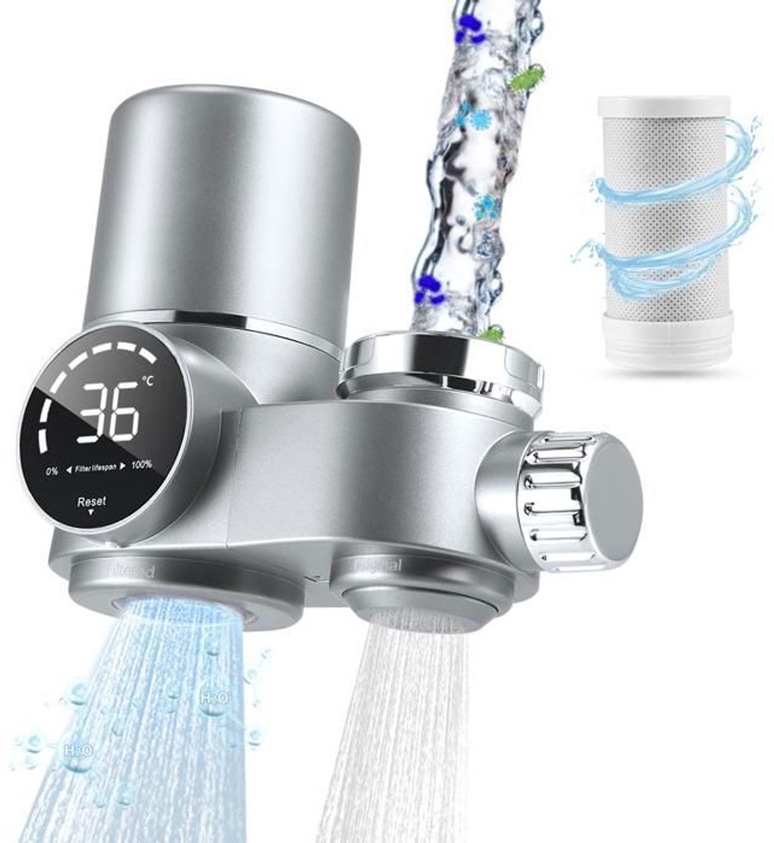 Keukenwaterzuiveringskraan met led-display en actief koolstoffilter om chloor en zware met