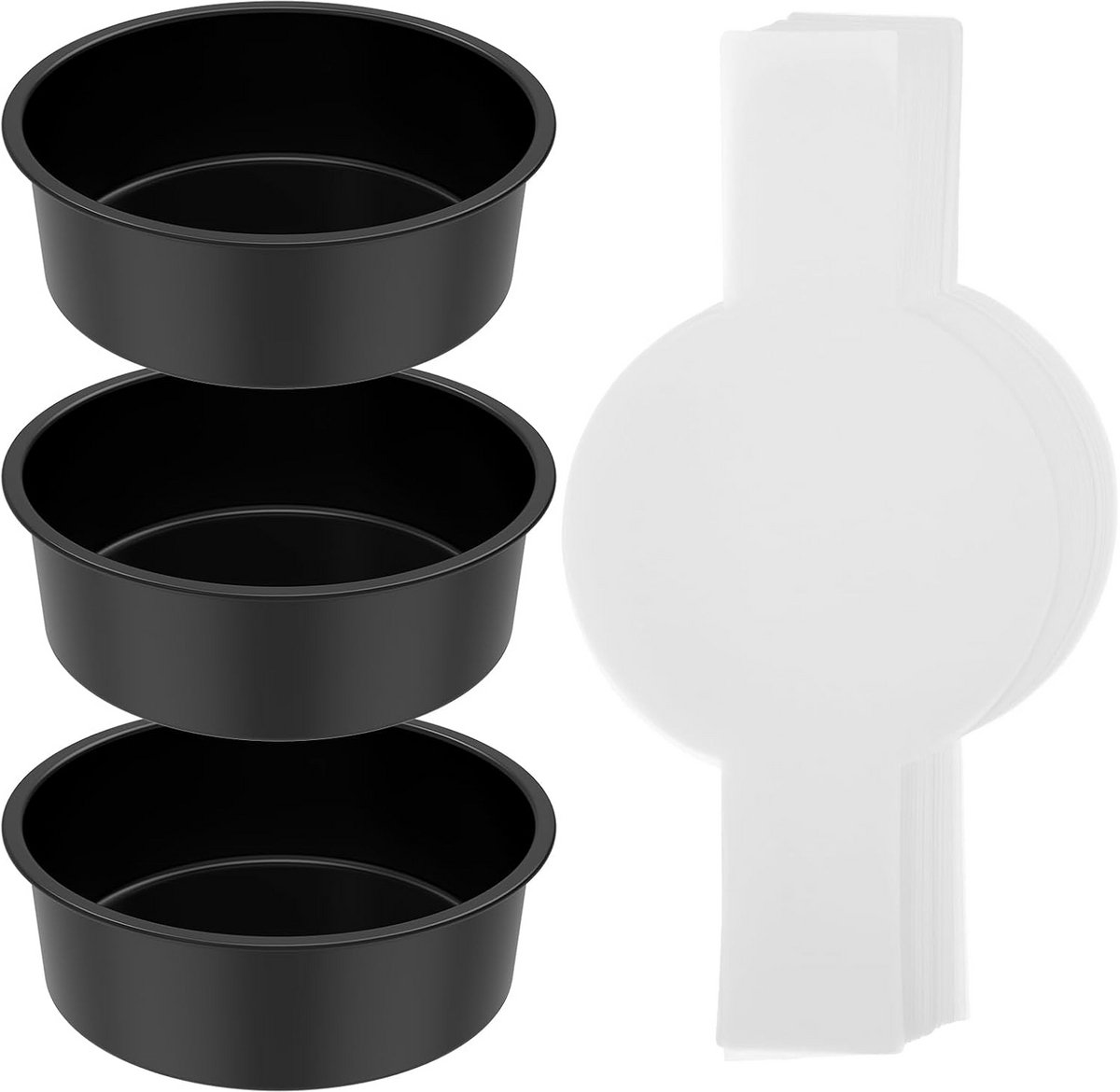 Set van 3 Ronde Bakvormen met 100 Vellen Bakpapier, Koolstofstaal