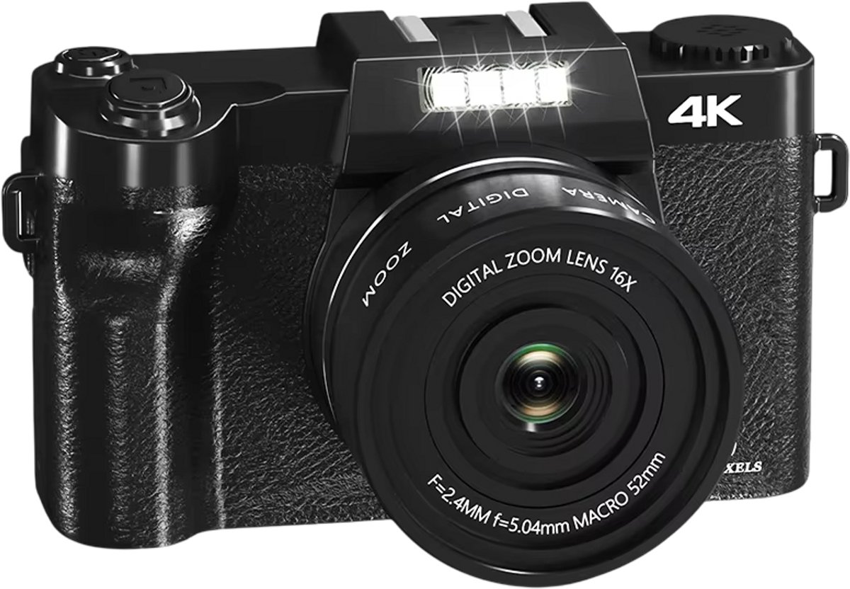 Digitale Camera 4K Vlog Camera – Fotocamera voor YouTube & Beginners, 18x Zoom, WiFi, 180° Kantelbaar Scherm (Geen SD-kaart)