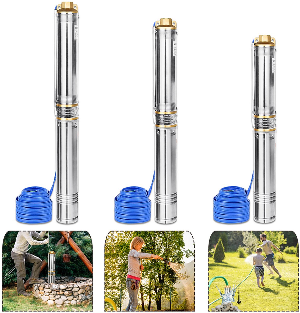 Aufun Tuinpomp en Brunnenpumpe 0,75 kW – RVS Dompeldrukpomp 4000 L/h, Zandbestendig voor Diepe Waterbronnen