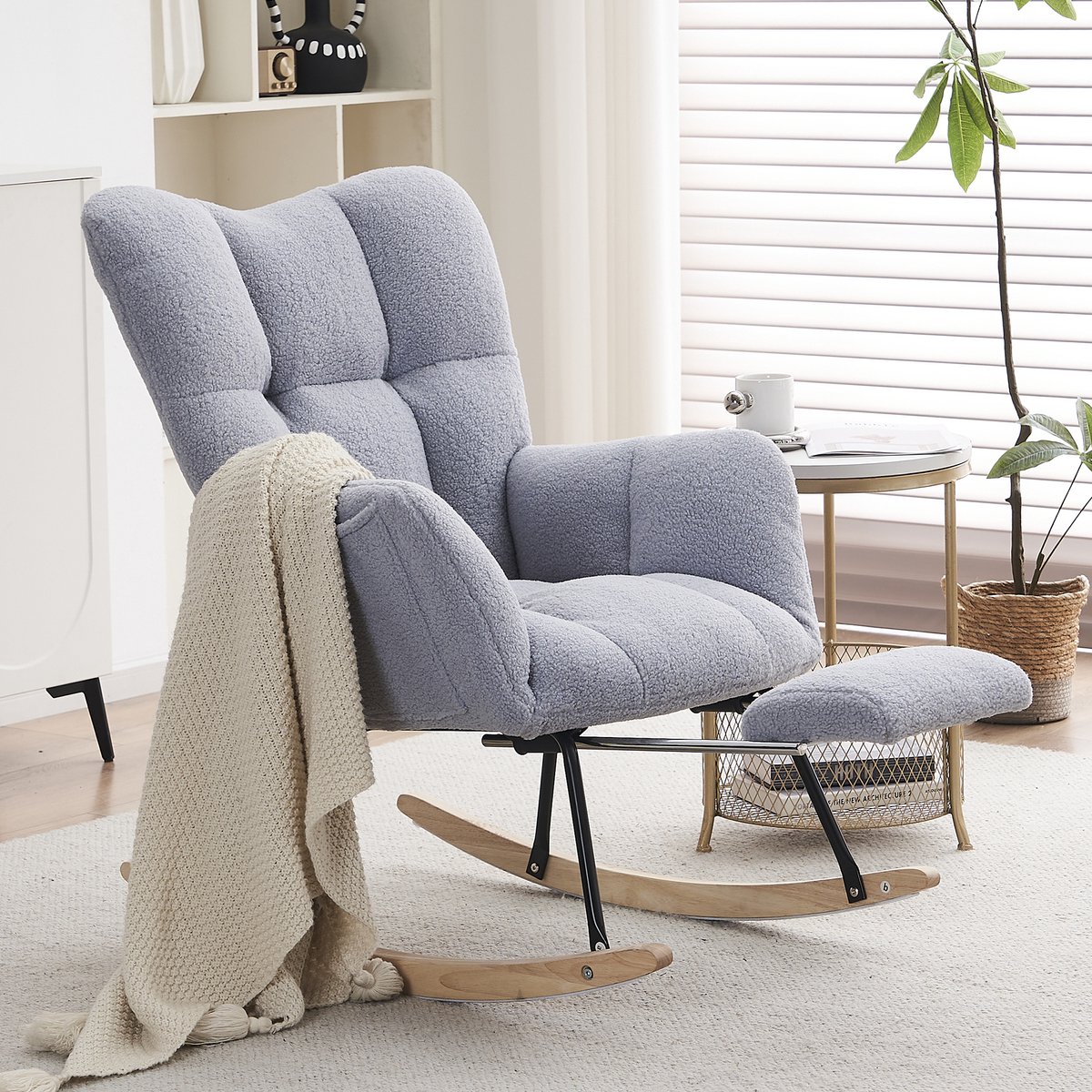 STILVORA Fauteuil - 98x70x98,5 cm - Moderne Schommelstoel Voor Woonkamer - Teddystof - Grijs