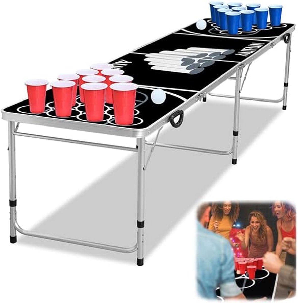 Aufun Beer Pong-Tafelset - 100 Bekers (50 Rode En 50 Blauwe), 5 Zwarte Ballen - Constructie Van Aluminium En Vezelplaat Met Gemiddelde Dichtheid - Ideaal Voor Gezelschapsspelletjes En Familie-Entertainment