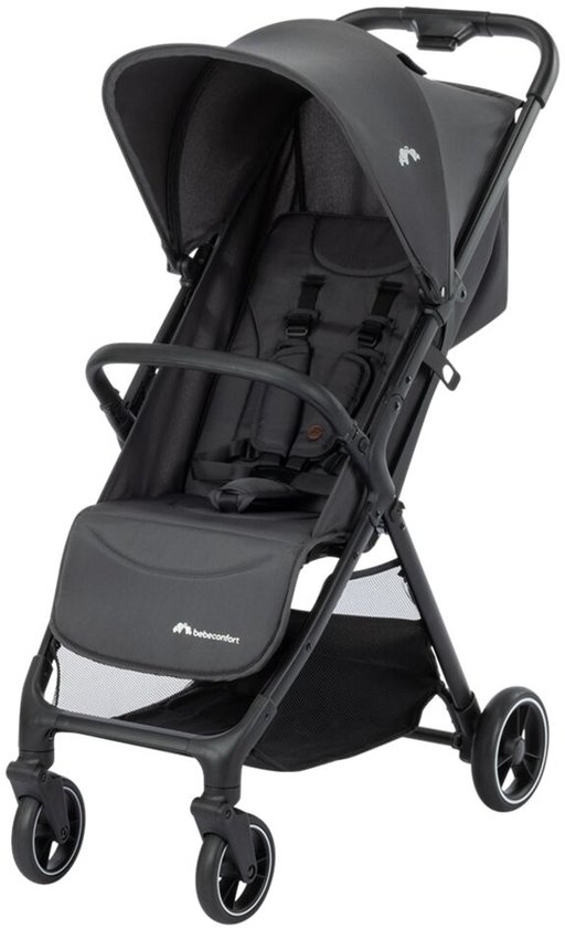 Poussette gris foncé avec canopy réglable, siège avec harnais et panier de rangement. Logo Bebeconfort.