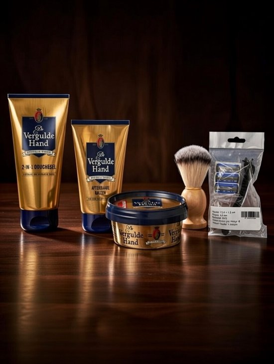 Vergulde Hand 4 Delige Set - After Shave Balsem / Houten Scheerkwast / Scheerzeep / Douchegel/houder en mesjes