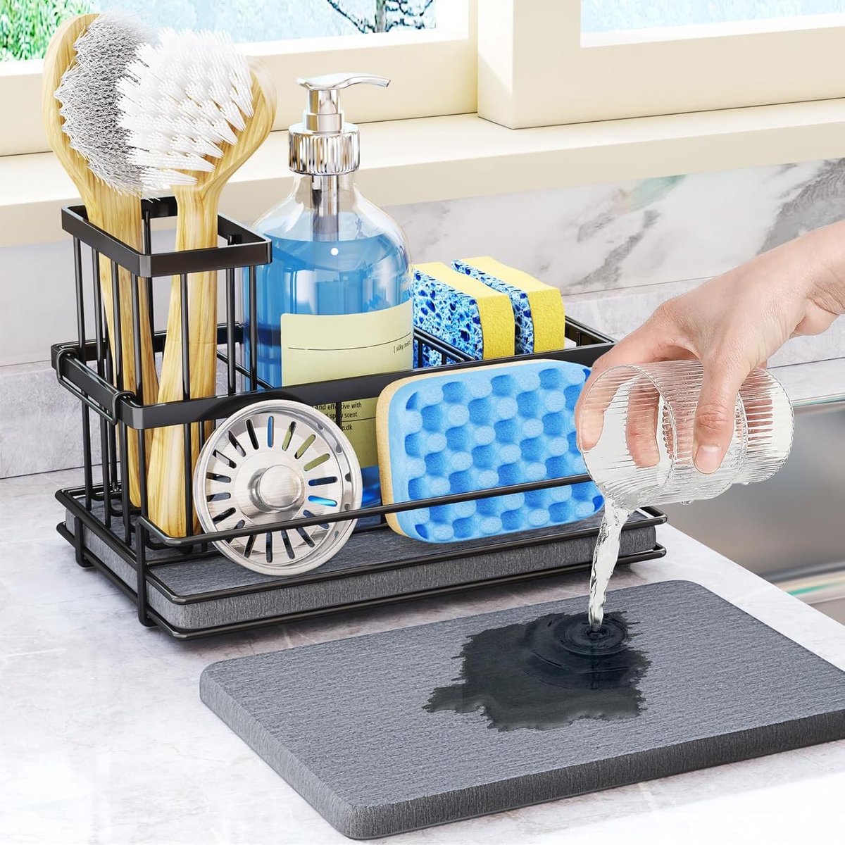 Famanu – Spoelbak caddy met sneldrogende steen, sponshouder voor aanrecht, wit