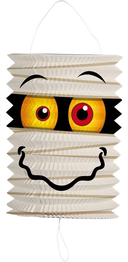 Papieren lampion met mummie-gezicht: grote gele ogen met rode pupillen, zwarte wenkbrauwen, een lachende mond en een witte, geribbelde body.