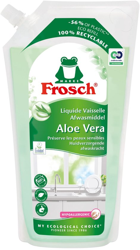 Frosch afwasmiddel navulverpakking met aloë vera, 1 liter, met tekst "Eco Refill 100% Recyclable" en "Hypoallergenic".