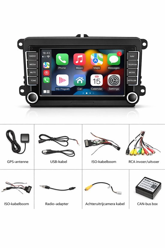 Autosysteem met touchscreen waarop Apple CarPlay is te zien, met diverse kabels en accessoires.