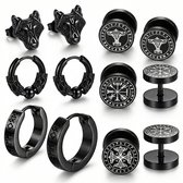 Set van zwarte Viking oorbellen: wolfskoppen, oorringen met kraaltjes en rune inscripties, en pluggen met Mjölnir & kompas designs.