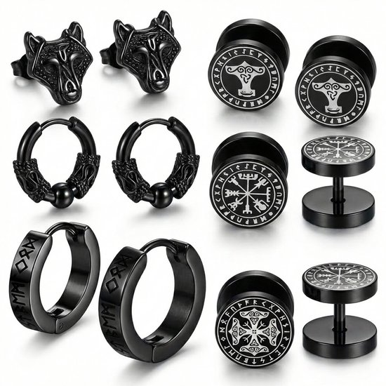 Set van zwarte Viking oorbellen: wolfskoppen, oorringen met kraaltjes en rune inscripties, en pluggen met Mjölnir & kompas designs.