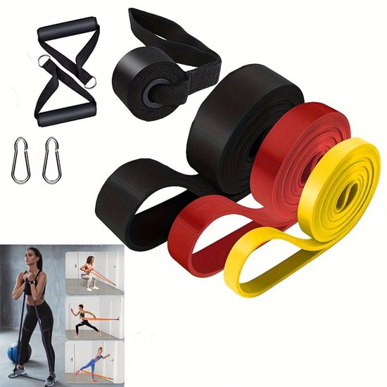 Premium 3-delige Weerstandsbanden Set – Fitness Elastiek met 3 Verschillende Weerstanden – Inclusief Handgrepen, Deuranker en Accessoires – Geschikt voor Crossfit, Powerlifting en Thuis Workouts – Inclusief Complete Oefengids voor Weerstandsbanden