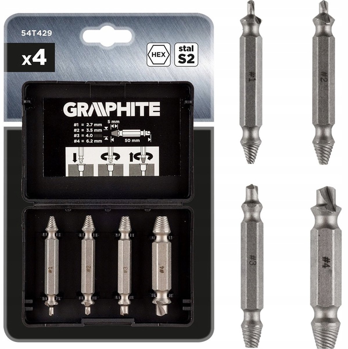 GRAPHITE schroefuitdraaiset - schroefverwijderaar - M5 tot M14 - 1/4" HEX aansluiting - 4 stuks