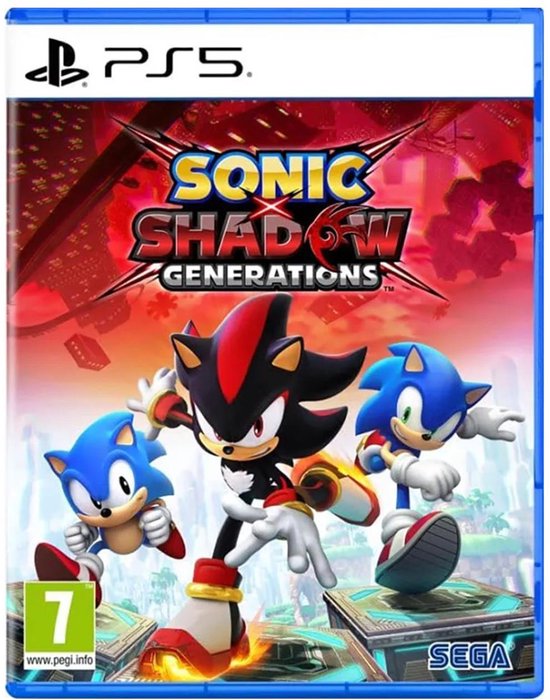 PlayStation 5 game 'Sonic x Shadow Generations' met Sonic en Shadow op de cover. PEGI 7.