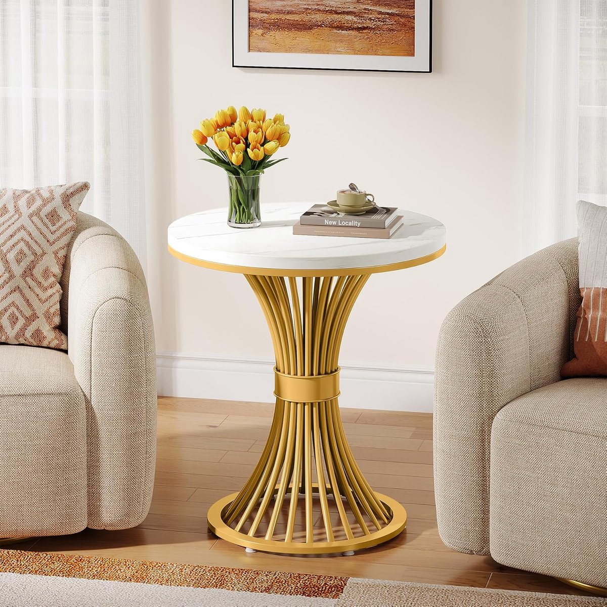 Tribesigns Ronde Bijzettafel - Moderne Bijzettafel van Imitatiemarmer met Gouden Metalen voet - Nachtkastje met Houten Voet - Wit & Goud - 50*50*60 cm