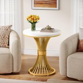 Tribesigns Ronde Bijzettafel - Moderne Bijzettafel van Imitatiemarmer met Gouden Metalen voet - Nachtkastje met Houten Voet - Wit & Goud - 50*50*60 cm