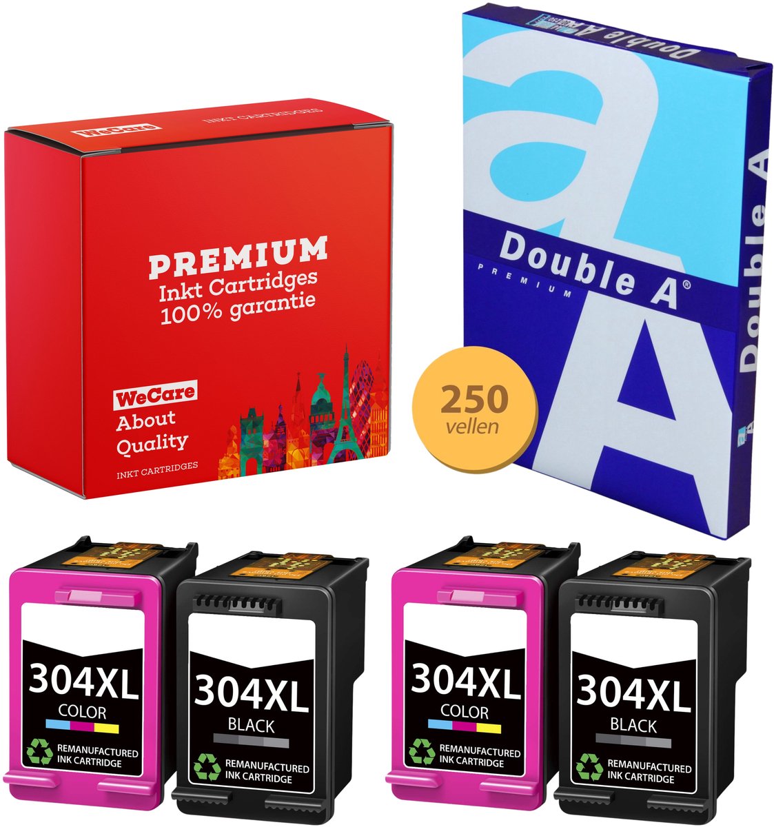 4-pack Geschikt voor HP 304XL Inktcartridges + pak papier - Geschikt voor DeskJet 2620 - 2630 - 3720 - 3750 - 3760 - 3762 - 3764 - Envy 5010 - 5020 - 5030 - 3JB05AE
