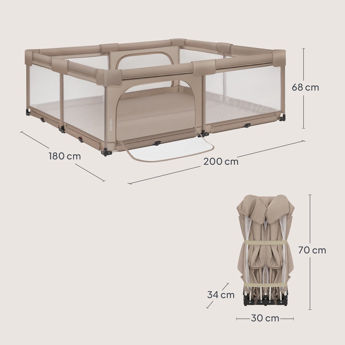 Lionelo Florence Easy Fold XL – Grondbox / Baby Box 180×200 cm – Extra Grote Box - Snel Opvouwbaar Zonder Montage – Speelbox met Zijopeningen met Rits – Ademend Gaas – Compact Op te Bergen – Inclusief Draagtas – foto 4