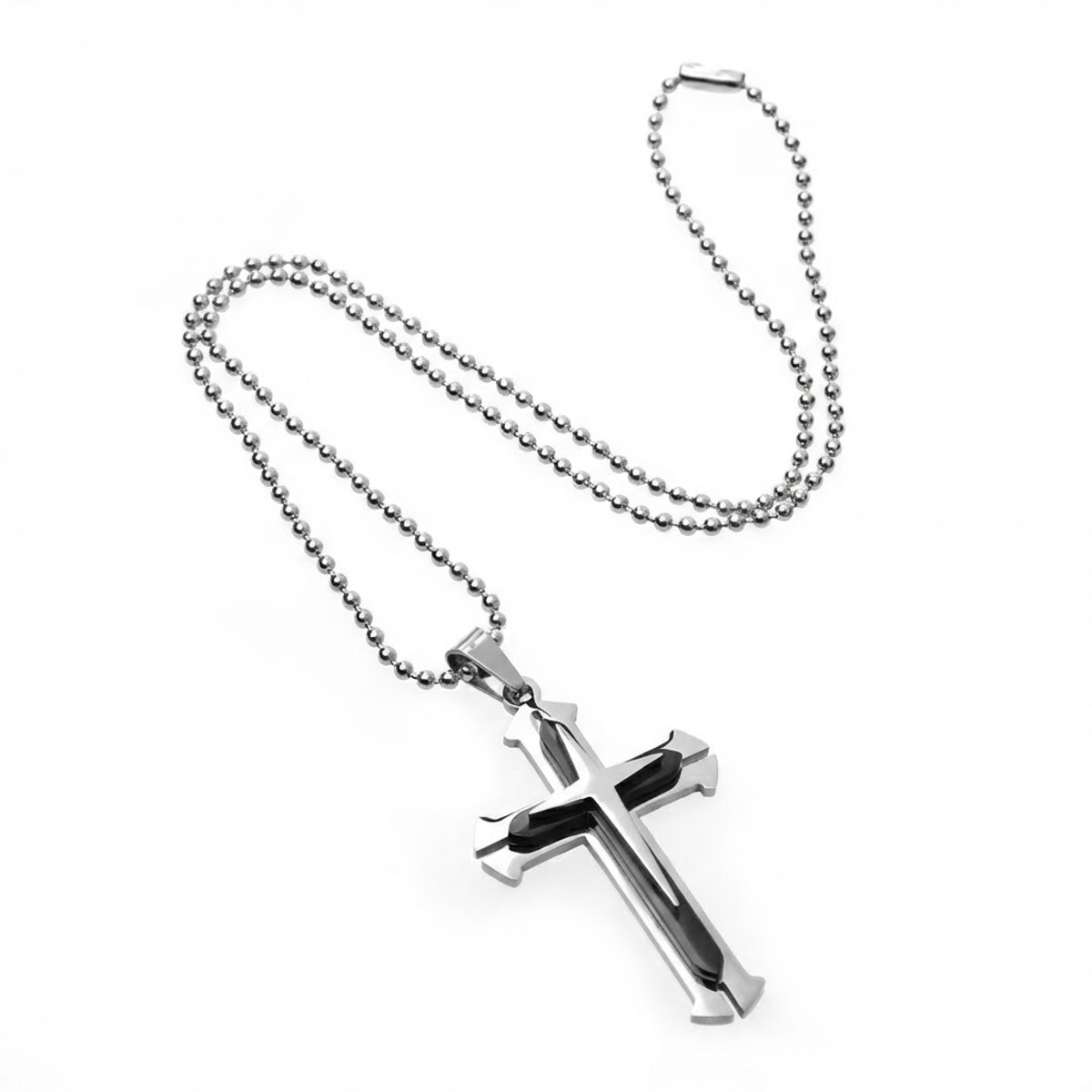 Zilverkleurige Kruis ketting met Zwarte Accenten – Stoer & Modern Design - voor heren en dames